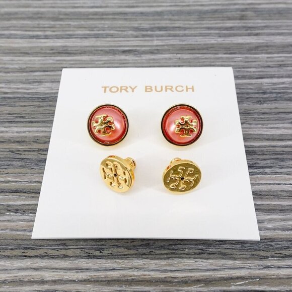 Tory Burch Melodie Pearl Logo Stud Dome Earrings Peach Pink/Tory Gold OS - Picture 11 of 12